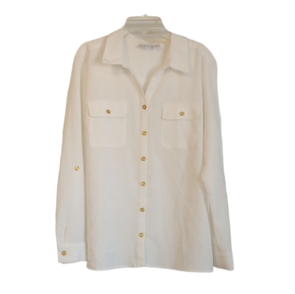 Kim Rogers Womens Button Down Top Sz L White Gold Buttons CottageCore Neutral - Picture 1 of 11